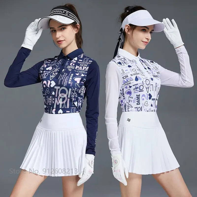 Swan Love Golf Women Shirt Summer Ice Silk Sunscreen Long Sleeve Printed T-shirt Pleated Skirt High Waist Skorts Clothing Sets