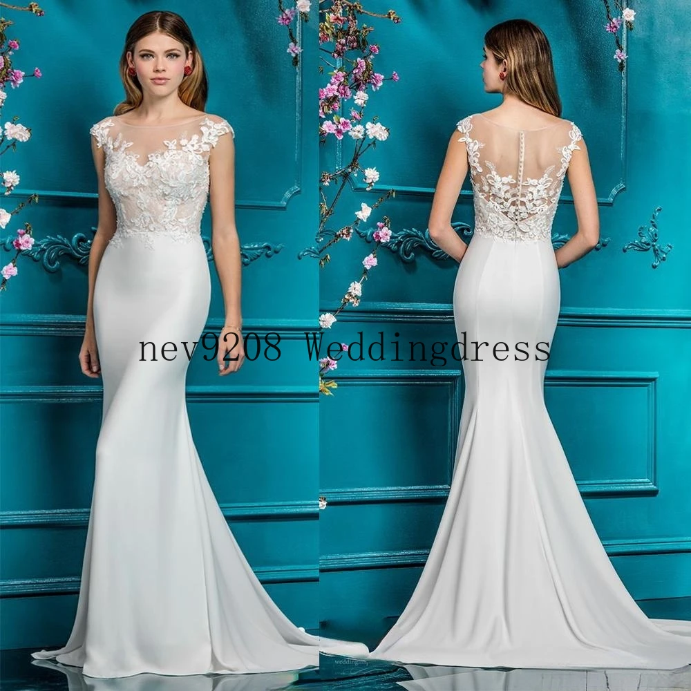 

Cap Sleeve Mermaid Wedding Dresses Sheer Neck Lace Appliques Illusion Bodices Bridal Gowns Wedding Gowns Vestios De Novia