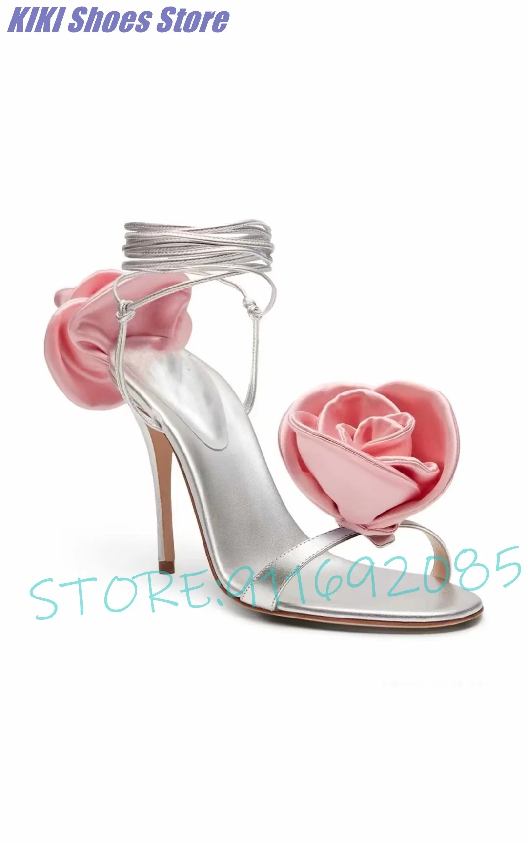 

Новинка 2023, туфли на шпильке с круглым носком на очень высоком каблуке, сатиновые туфли с перекрещивающимися ремешками в виде роз, модные женские босоножки большого размера, свадебные женские босоножки