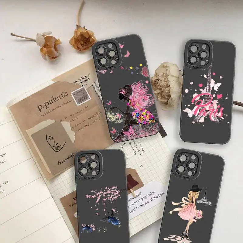 

Eiffel Tower girl butterfly Phone Case For iPhone 13 12 11 Pro MAX Mini X XS XR 7 8 Plus Camera Lens Liquid Silicone