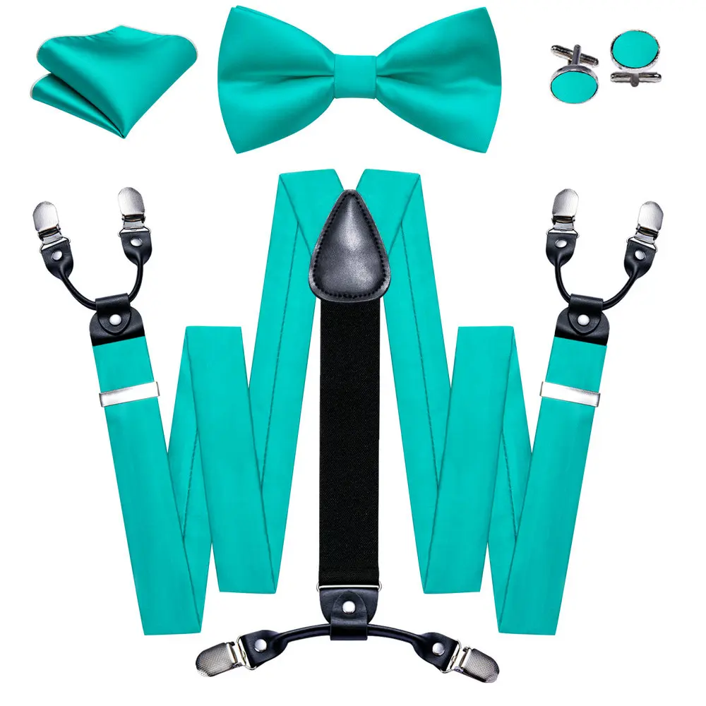 

Novelty Teal Silk Men's Suspender New Solid Woven Bowtie Handkerchief Cufflinks Set Groom Wedding Party Designer Barry.Wang 2102