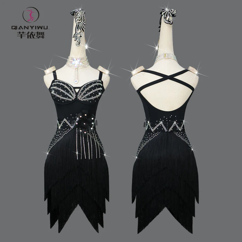 

2023 Professional Black Latin Dance Competition Costume Sexy Women's Ballroom Fringe Dress Crystal Diamond Practice Wear Cabaret