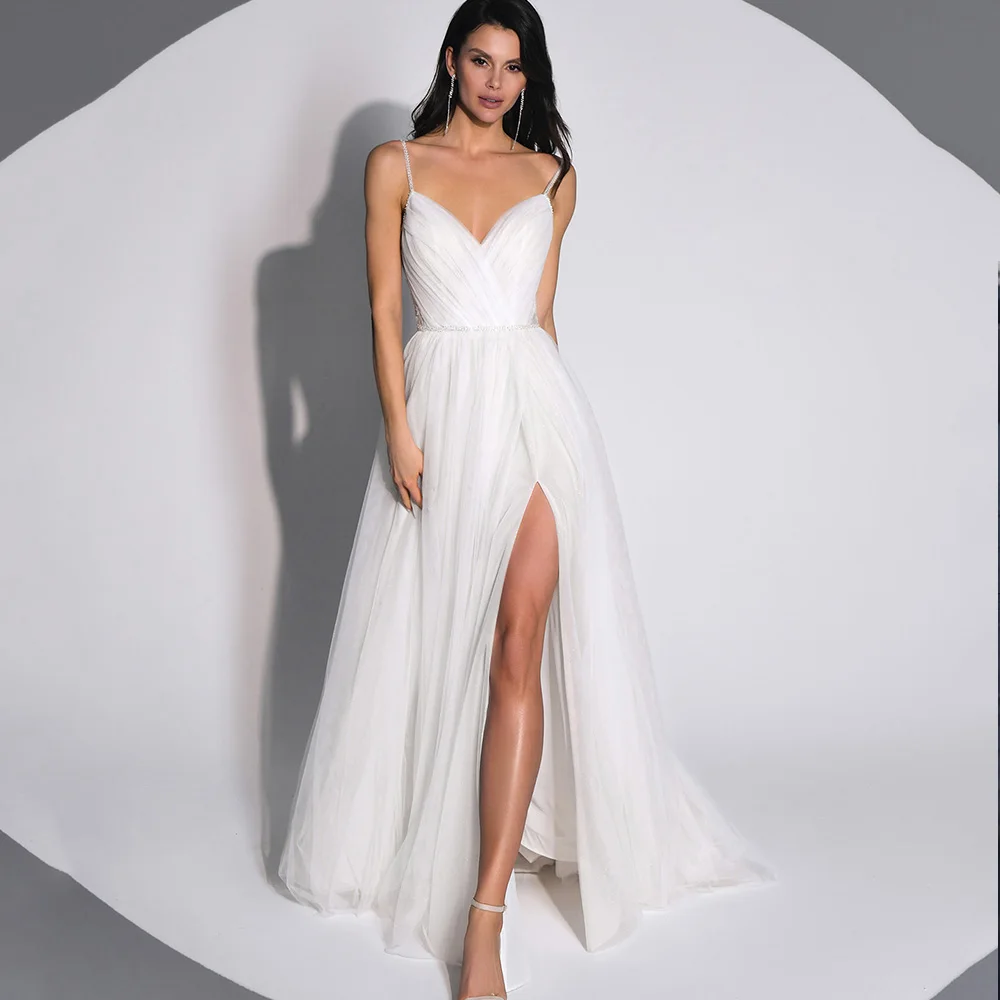 

Modern Bride Gowns Zipper Backless Lace Applique Sleeveless Spaghetti Staps V-Neck Wedding Dresses Side Split Vestido De Noiva