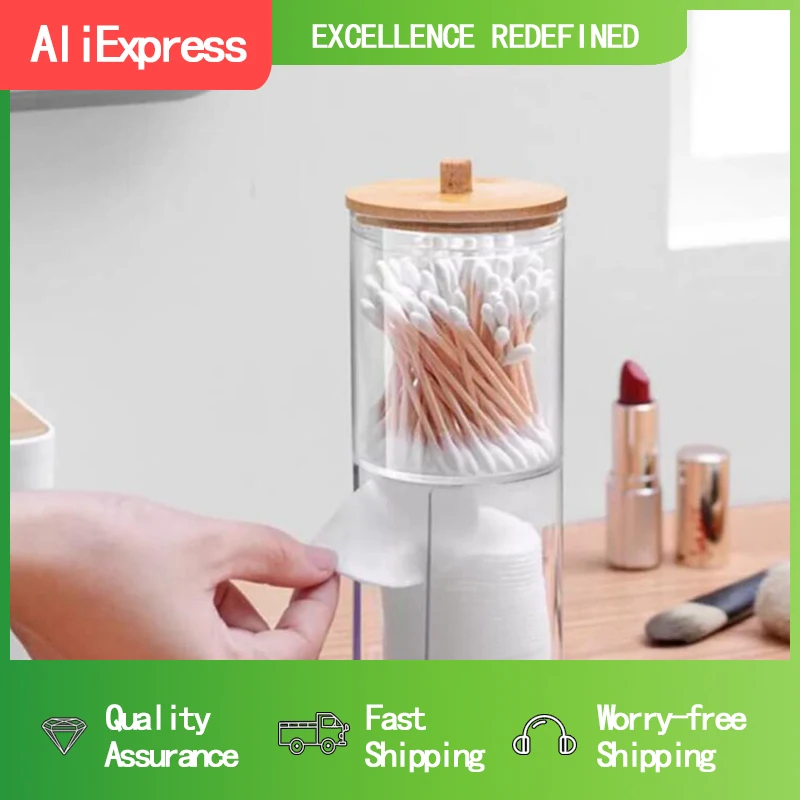 Hot Bathroom Jar Makeup Organizer Acrylic Storage Box Cotton Round Pad Holder Cotton Swab Box Holder Dispenser with Bamboo Lid