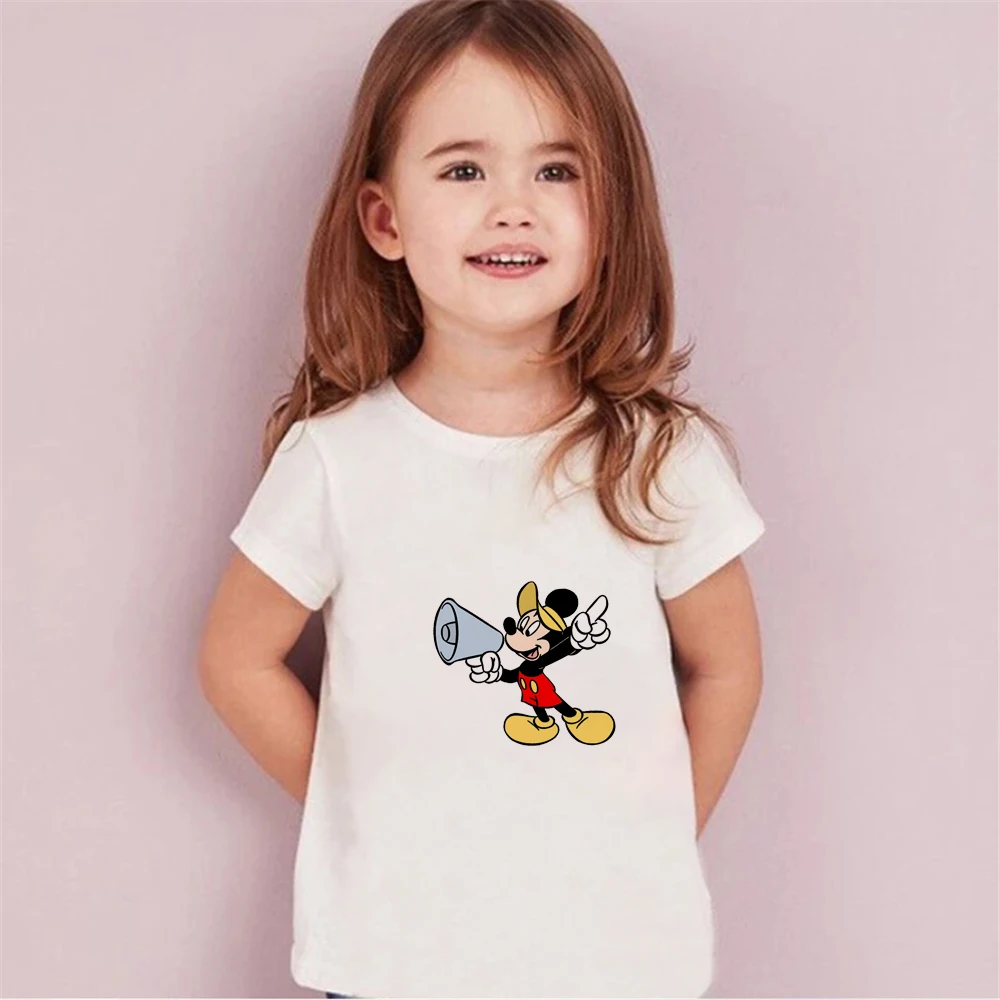 

Футболки из мультфильмов Disney, футболка с Микки Маусом, базовая белая повседневная детская одежда для девочек с круглым вырезом, хлопковая у...