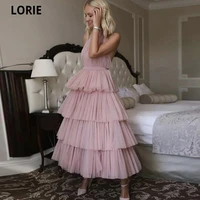 lorie a line evening dresses 2022 skirt tiered pink backless prom gowns tea length sexy tulle vestidos de fiesta de noche abiye