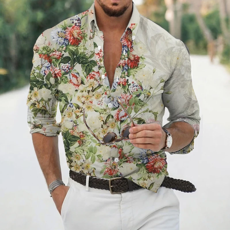

Spring Autumn Men's Fashion Floral 3D Printing Single Breasted Men's Casual Social Long Sleeve Shirts Men's Streetwear Shirts