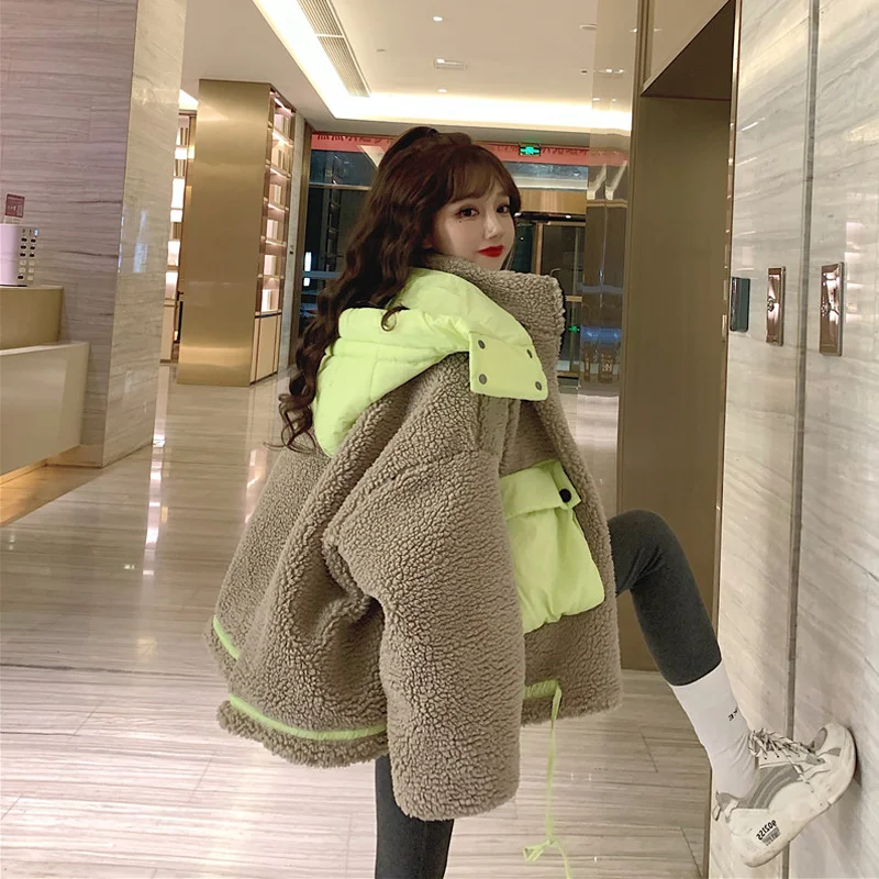 

2022 New Women Winter Fashion Casual Warm Long Sleeve Faux Fur Coat Thick Women Patchwork Hooded Lamb Fur Coats Tops F26