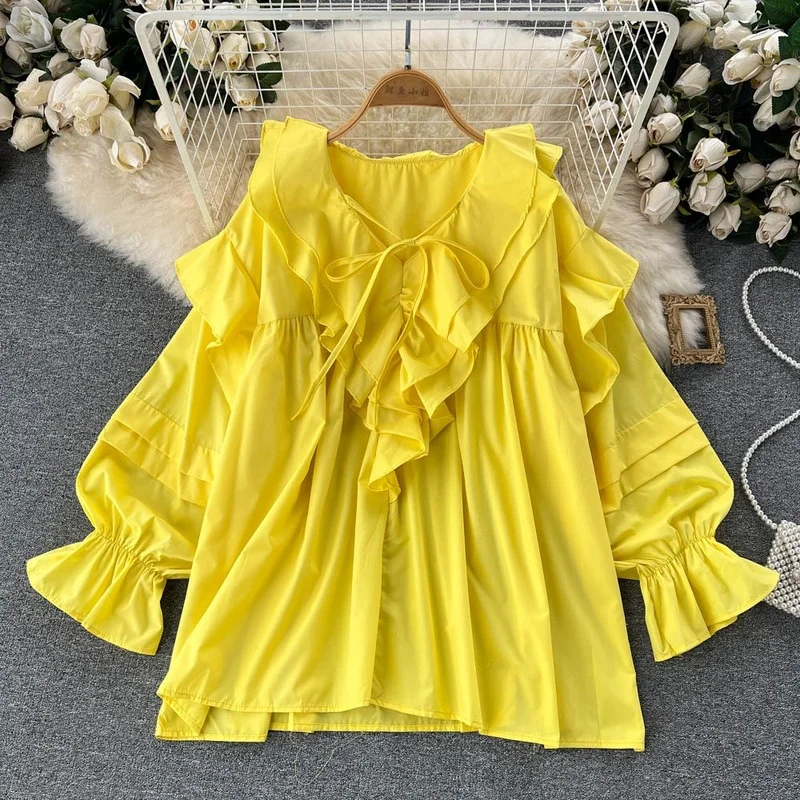 

French Chic Blusas Femininas Full Puff Sleeve Blouses V Neck Tops Ruffles Bloes Dames High Street Blusa Mujer Casual Shirts
