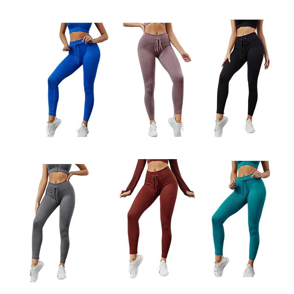 

Women Ribbed Leggings Seamless Fitness Pants Stripe Drawstring Yoga High Waist Sweat-absorbent Bottom Tights for Gym