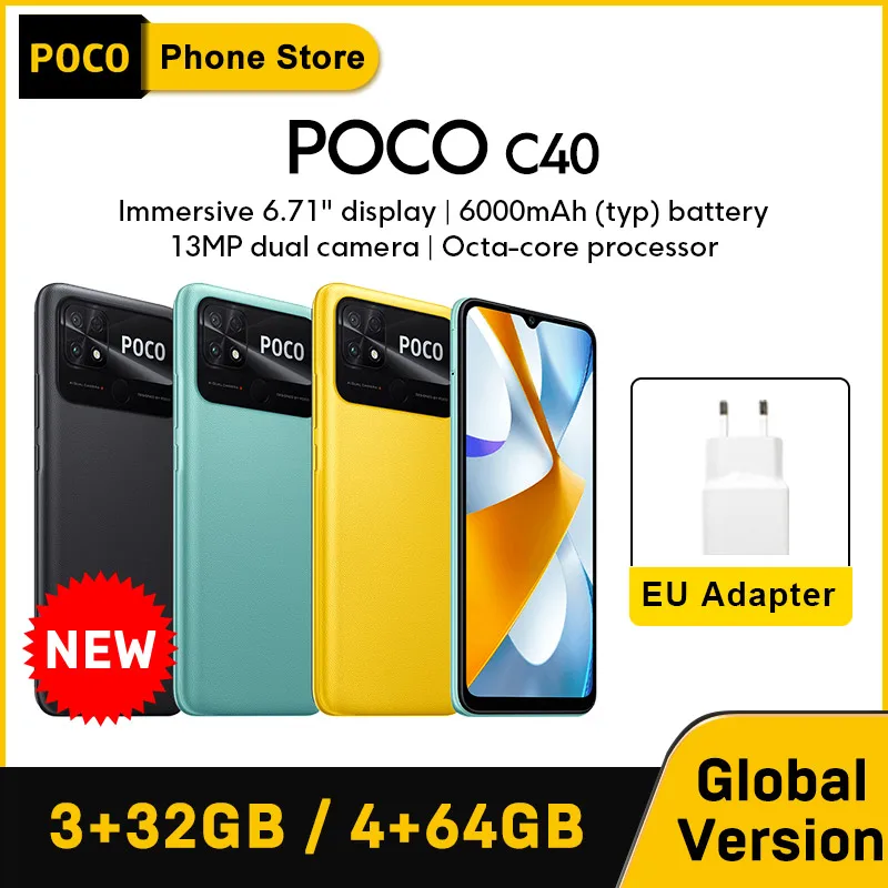  Новый смартфон глобальная версия POCO C40 3 ГБ 32 ГБ Аккумулятор 6000 мАч дисплей 6,71 дюйма JLQ JR510 Восьмиядерный процессор Основная камера 13 МП 