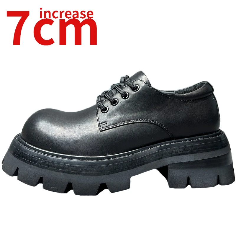 

European Designed Increased 7cm Thick Soled Elevator Shoes Hand Sewn Genuine Leather Men Ins Trendy Casual Derby Dress Shoes Man