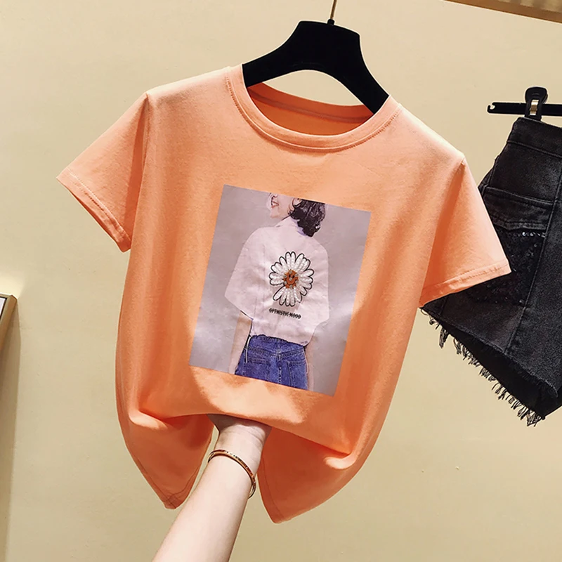 

Футболка Shintimes, женская футболка с цветочным принтом маргаритки, женская футболка с блестками, женские летние топы, 2022 Хлопковая женская фут...