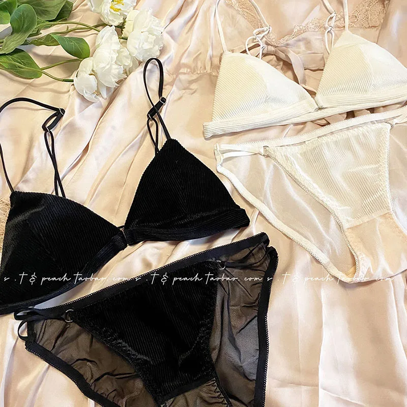 French Style Front Buckle Triangle Cup Underwear Bra No Steel Ring Comfortable And Sexy Ultra-thin Bra Lingerie Set