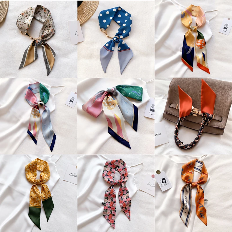 

Floral Narrow Skinny Scarf Bow Hair Bands Women Designer Headbands Ribbon Ladies Wrist Wrap Ties Foulard Girls Hair Accessories