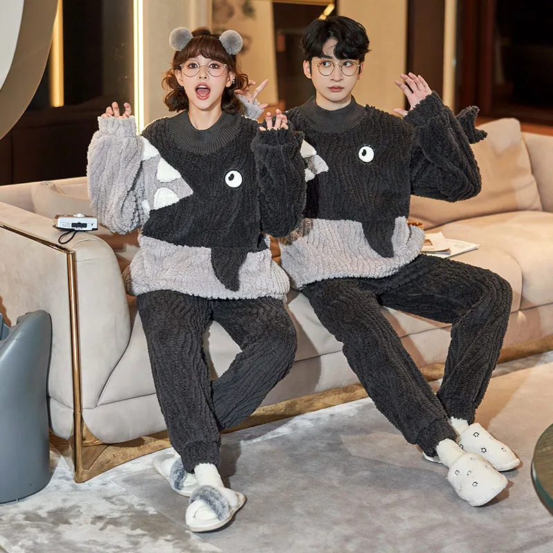 QUHENG 2022 Winter Flannel Men's Pajama Pants Set New Autumn Thick Warm Sleepwear for Couples Casual Loose Home Costumes Set