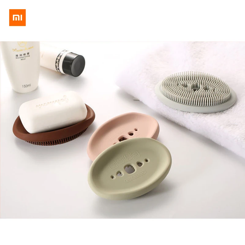 

new xiaomi Multifunctional silicone soap dish creative home kitchen bathroom drain soap Holder Box with brush Storage Plate