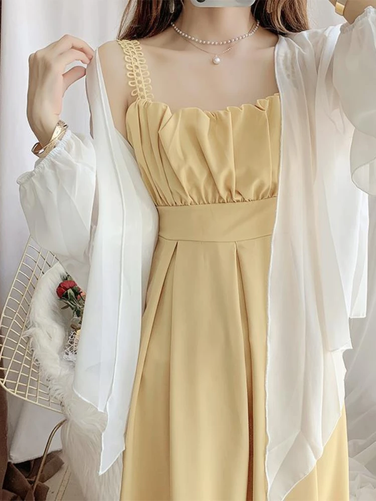 

Женское платье на бретельках во французском стиле, желтое винтажное нежное платье, женское корейское Модное Элегантное привлекательное пр...