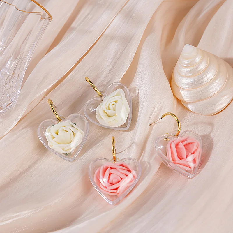 

Minar High Street Transparent Resin Arcylic Rose Drop Dangle Earrings for Women Flowers Love Heart Earring Korean Casual Jewelry