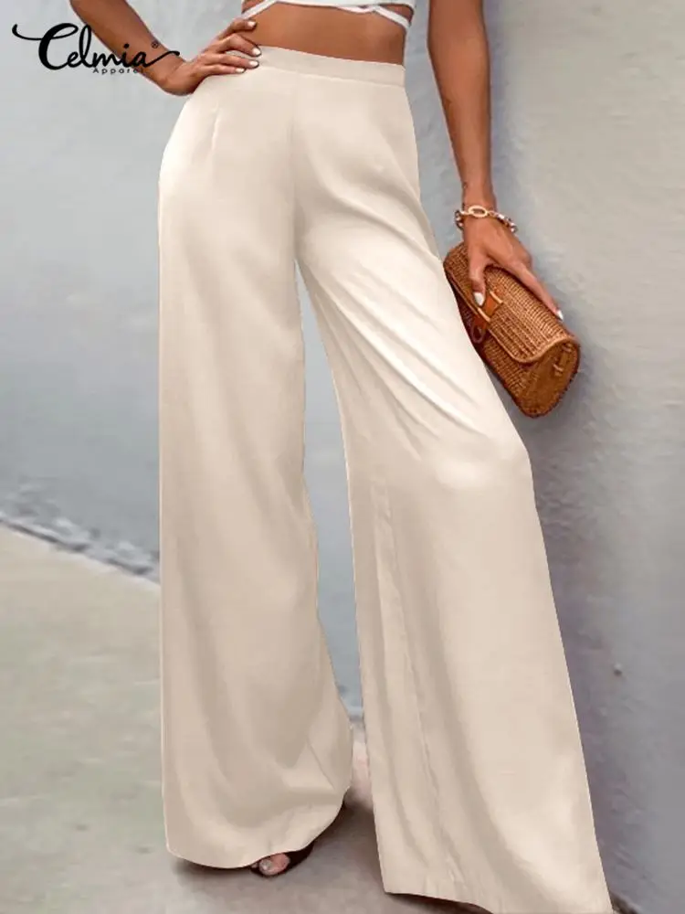 

Spring Women Wide Leg Pants Celmia Elegant Satin Long Trousers Fashion High Waist Back Zipper Pants Office Lady Leisure Pantalon