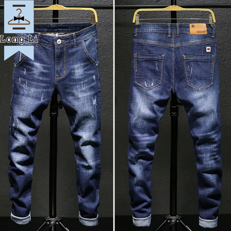 

Men's Stretch Slim Fit Jeans Dark Blue Skinny Jeans for Men Casual Retro Denim Pants Korean Style Streetwear Male Brand Trousers