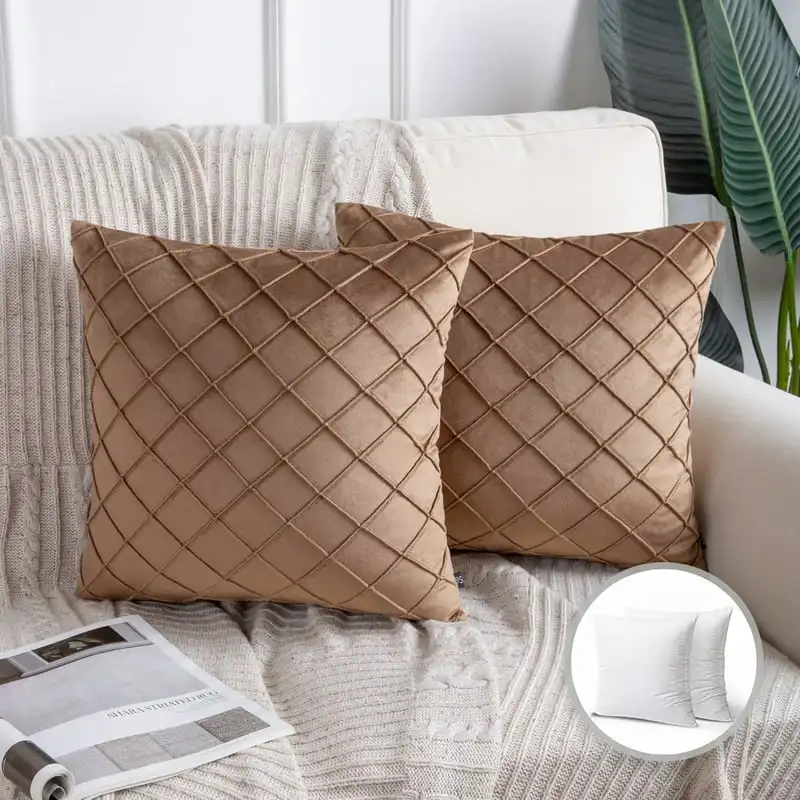 

Series Pleated Checker Decorative Throw Pillow, 18" x 18", Coffee, 2 Pack