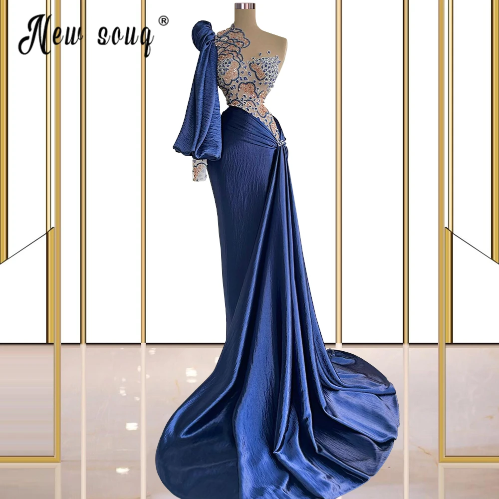 

Gorgeous Lantern Sleeve Long Evening Dress Heavy Brown Beaded Mermaid Wedding Guest Royal Blue Prom Gowns Robe de Soiree