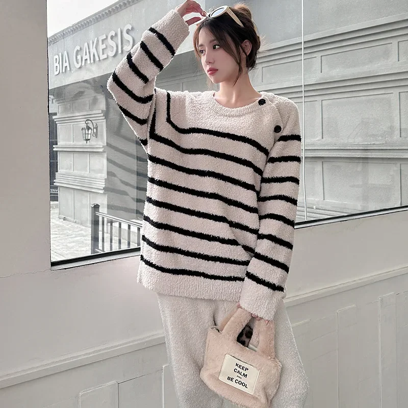 Женская осенне-зимняя новая простая полосатая удобная полубархатная одежда для