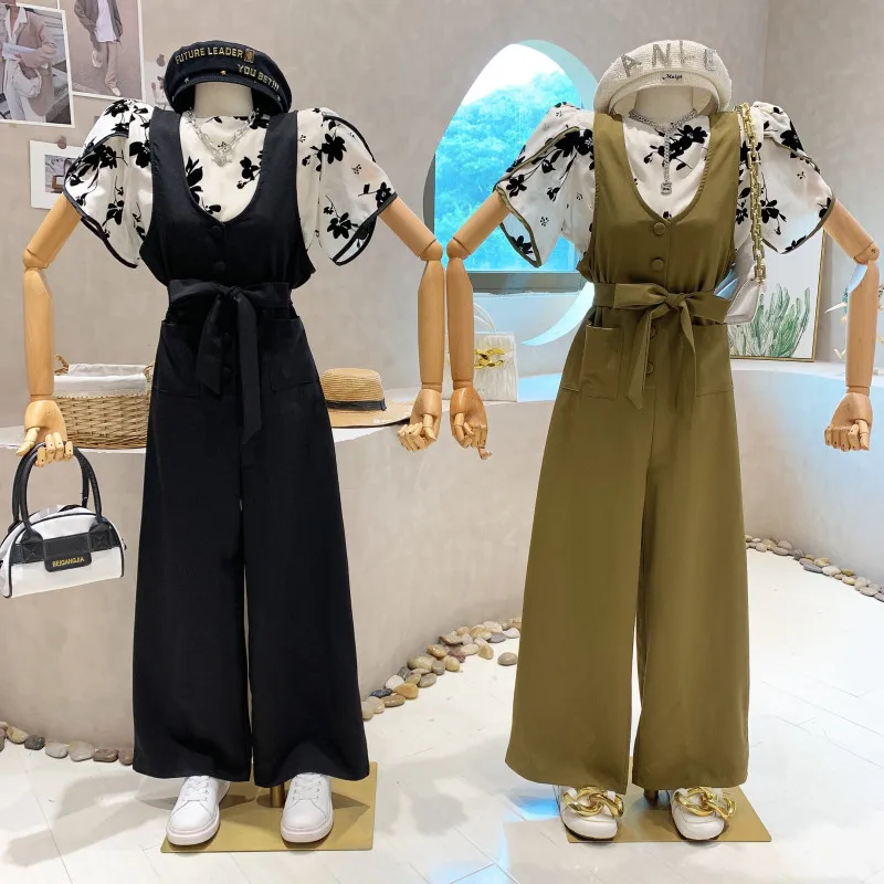 

New Women's Clothing 2022 Summer Casual two-piece set puff sleeve shirt top loose straps high sense wide leg pants