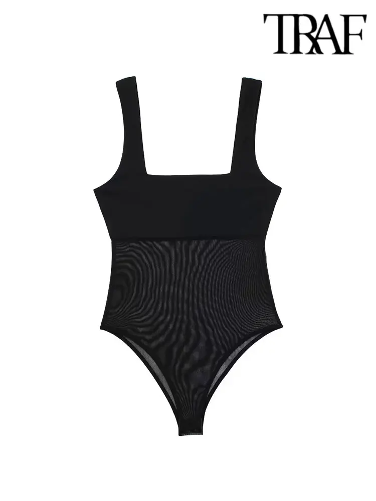 

TRAF 2023 Ultra Thin Sheer Tulle Patchwork Women Skinny Bodysuit Squard Collar Wide Straps Summer Female Playsuit