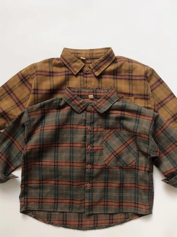 

Retro Plaid Korean Version Shirt Autumn New Boys and Girls Cotton and Linen Shirts Lapel Brushed Foreign Style