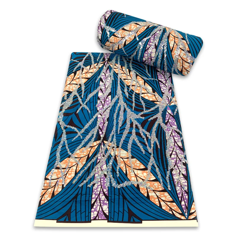 

African Sequins Ankara Wax Fabrics With Material Pure Cotton 6 Yards For Party Dress Cloth