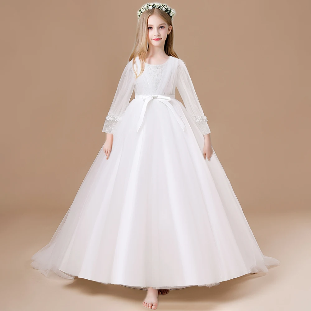 

2023 Pageant White Lace Bridesmaid Princess Dress Costume Kid Party Flower Dresses For Girl First Communion Wedding Gown Vestido
