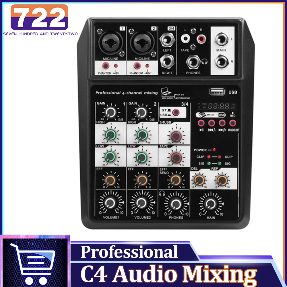 

HD Professional Sound Card 4 Channel Mixing Console Soundcard For Live Streaming Sound Table Audio Mixer C4 Pro Audio Recording