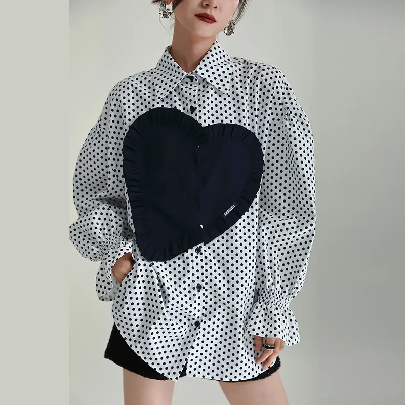 

SuperAen 2022 Autumn Color Matching Wave Dot Love Pattern Loose Shirt Women's Irregular Tops