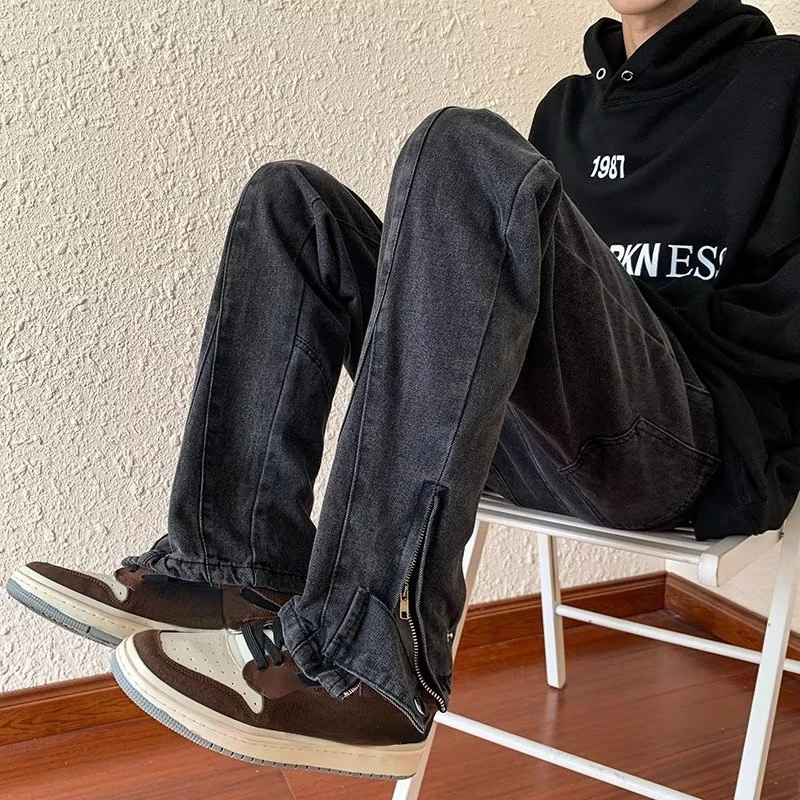 2023 Korean Fashion Ankle Zipper Vintage Brown Men Jeans Pants Luxury Straight Hip Hop Casual Denim Trousers Pantalones Hombre