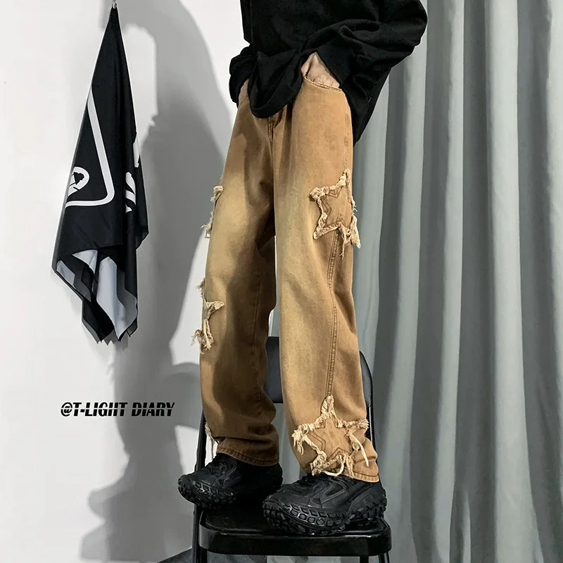 2023 New Fashion Stars Towel Embroidery Brown Baggy Men Jeans Pants Y2K Clothes Straight Hip Hop Cotton Trousers Pantalon Homme
