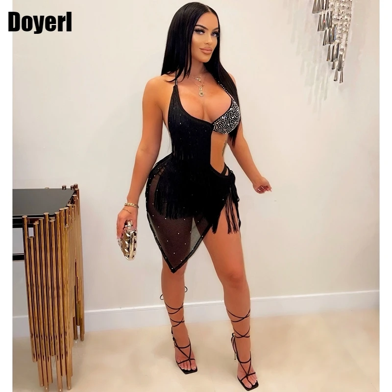 

Sexy Mesh Bodycon Wrap Dresses for Women Summer Beach Dress Cover Up Rhinestone Tassel Halter Backless Club Party Dress Mini