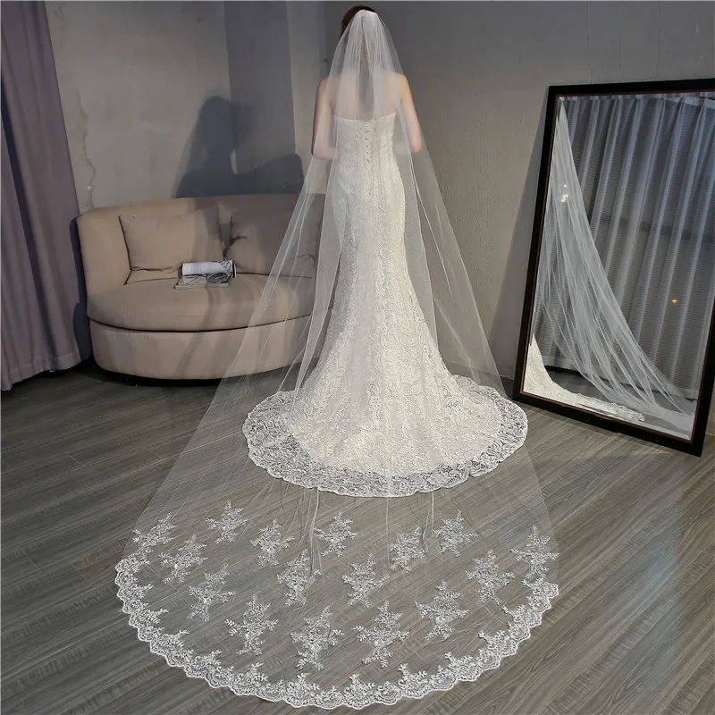 

2022 New Bridal Veil Chapel Veil Adult Women One-Layer Appliqued Hair Comb Wedding Accessory Pure White Photograph Trailing Lady
