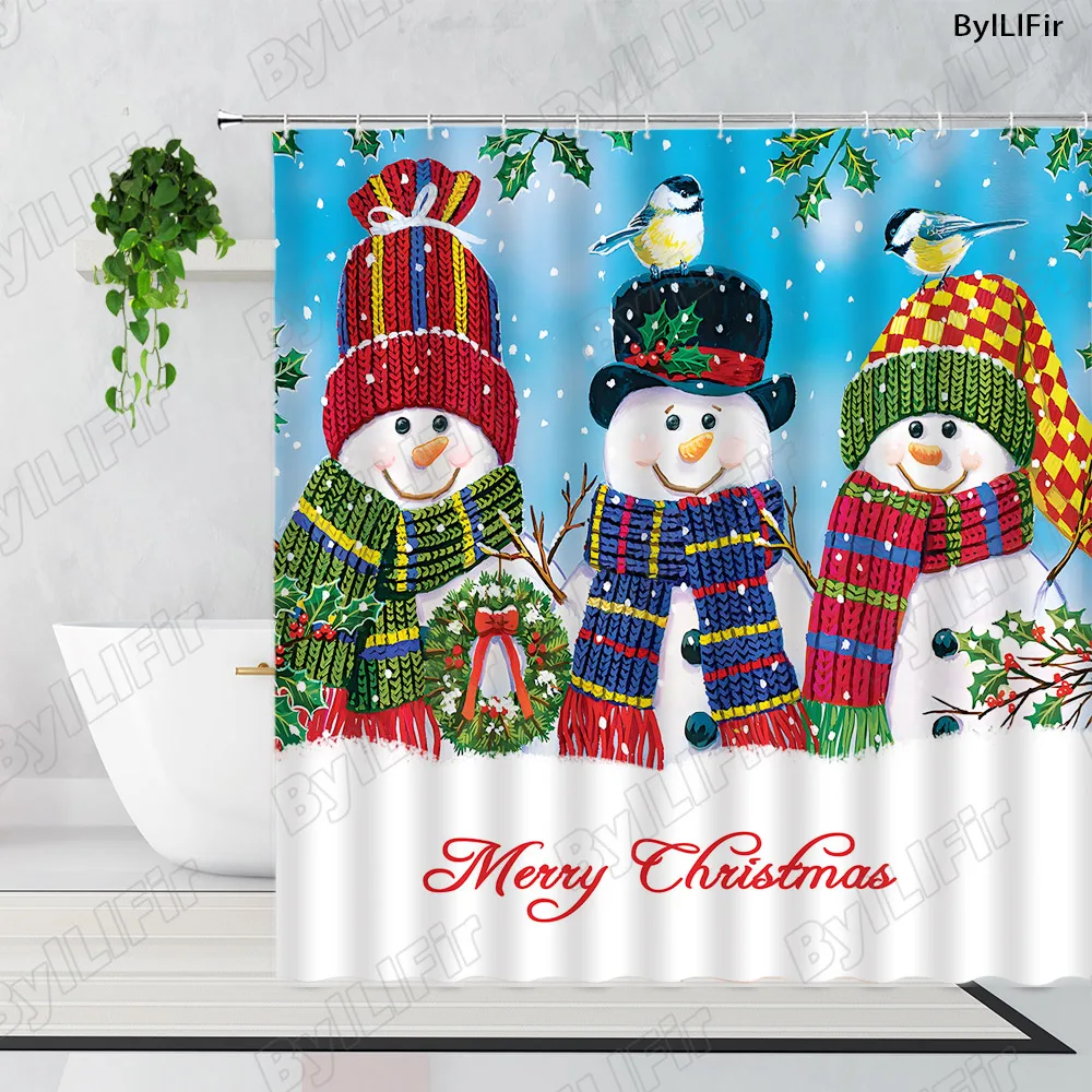 

Симпатичная Рождественская занавеска для душа со снеговиком для ванной комнаты декор птица зеленые листья Рождественский венок зимний пей...