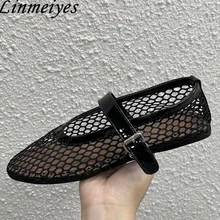 New Ballet Flat Shoes Woman Mesh Hollow Outs Mary Jane Shoes Genuine Leather Loafers Rivet Studded Summer Walking Shoes Women 