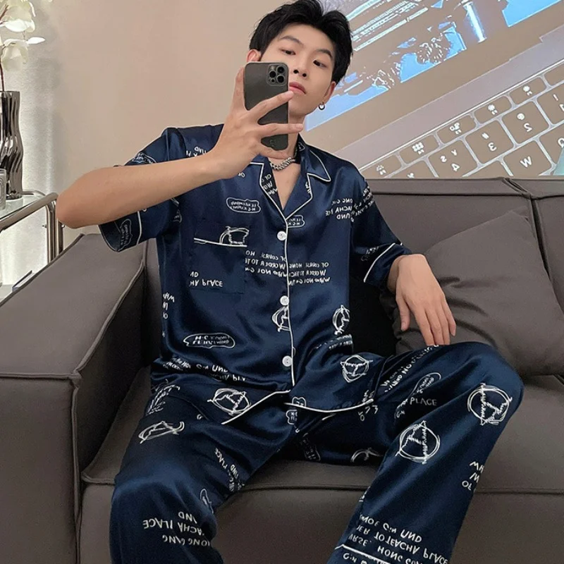 Summer new men's short sleeve long pants pajama set cardigan lapel imitation silk comfortable loose loungewear