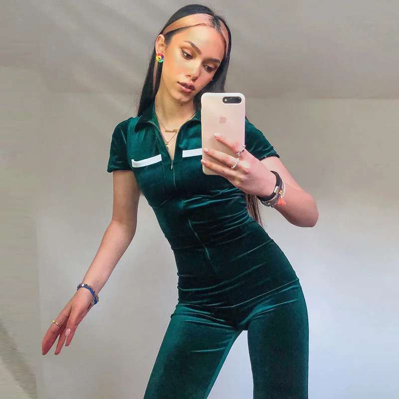

2022 Spring Femme Turn-down Collar Sexy Outfits Autumn Velvet High Waist Women Jumpsuits Short Sleeve Wide Legs 6 Colors