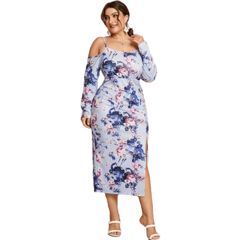 

4XL Plus Size Long Dresses Women High Waist Hollow Full Sleeve Robe Fashion Floral Print Split Sexy Oversize Dress Vestidos 2022