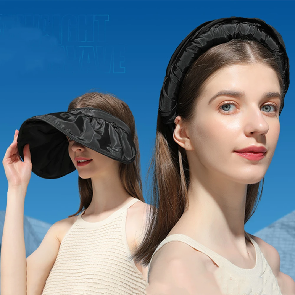 

1Pc Portable Foldable Wide Large Brim Sun Beach Hats For Women Empty Top Visors Cap Hair Accessories Dual-Use Headband Sombreros