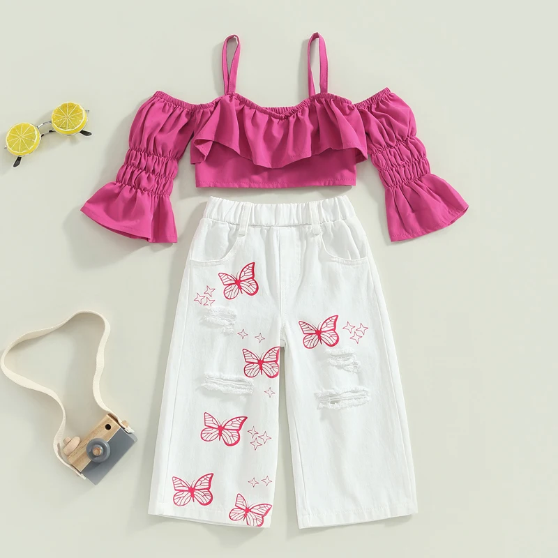 

Toddler Girls 2Pcs Set Short Sleeve Off Shoulder Sling Tops Butterfly Print Ripped Denim Pants Summer Stylish Clothes 1-6Years