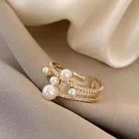 luxurious exquisite double deck pearl gold adjustable ring for woman gothic jewelry korean fashion girls unusual accessories