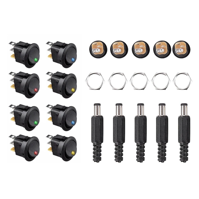 

5.5X2.1Mm 5Pcs DC Female Jack + 5Pcs Socket Connector Black & 8Pcs LED Dot Light 12V Car Auto Boat Round Rocker ON/OFF TOGGLE SP