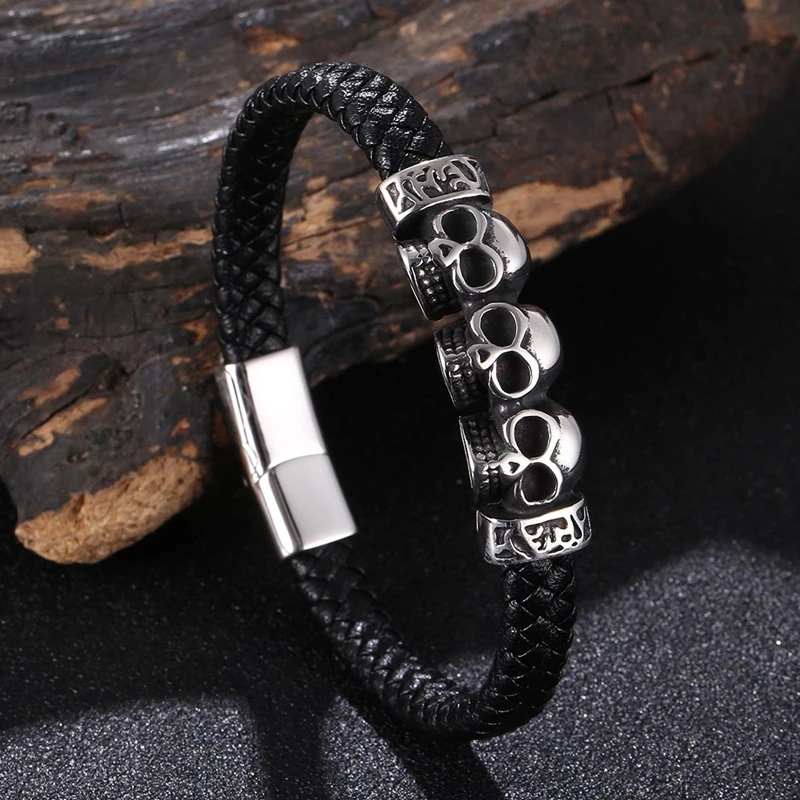 

Punk Woven Rope Magnetic Braided Bone Steel Metal Fashion Genuine Leather Bracelet Rock Men Skull Bangle BB1230