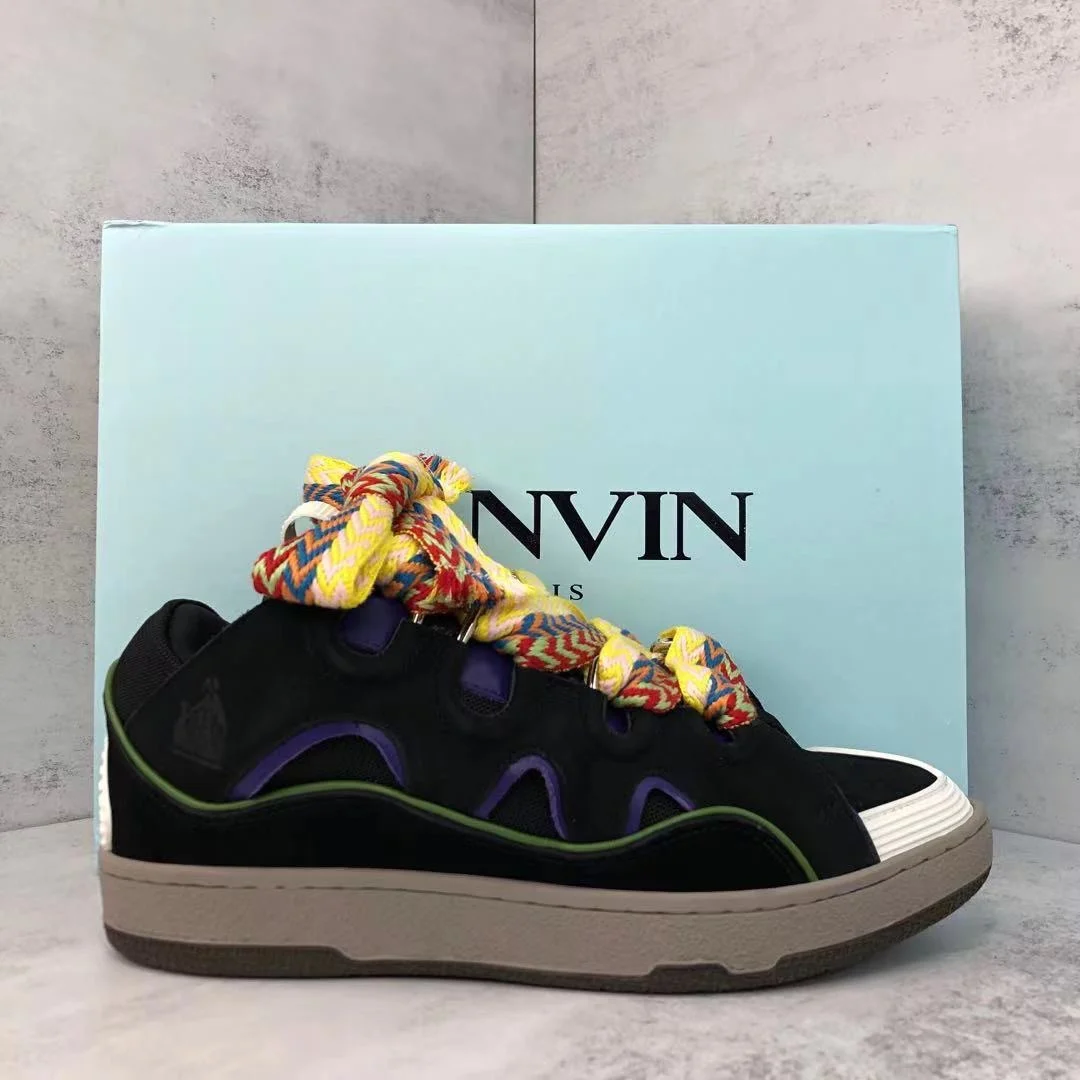 

New Y2k Suede Leather Colorful Shoelaces Miexd Black Color Shoes Man Round Toe Lace Up Flat Shoes Thick Sole Hip Hop Style